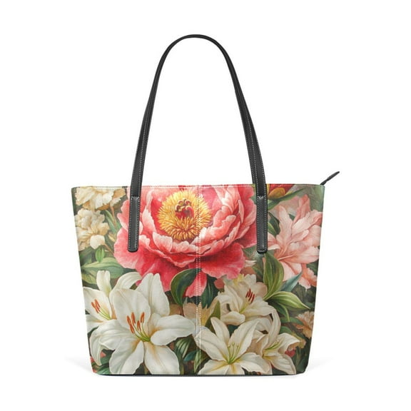 Tote Bag Aesthetic leather Handbags with Zipper for Women Travel Shoulder Bags Purses with compartment. Peony Flower with Lilies