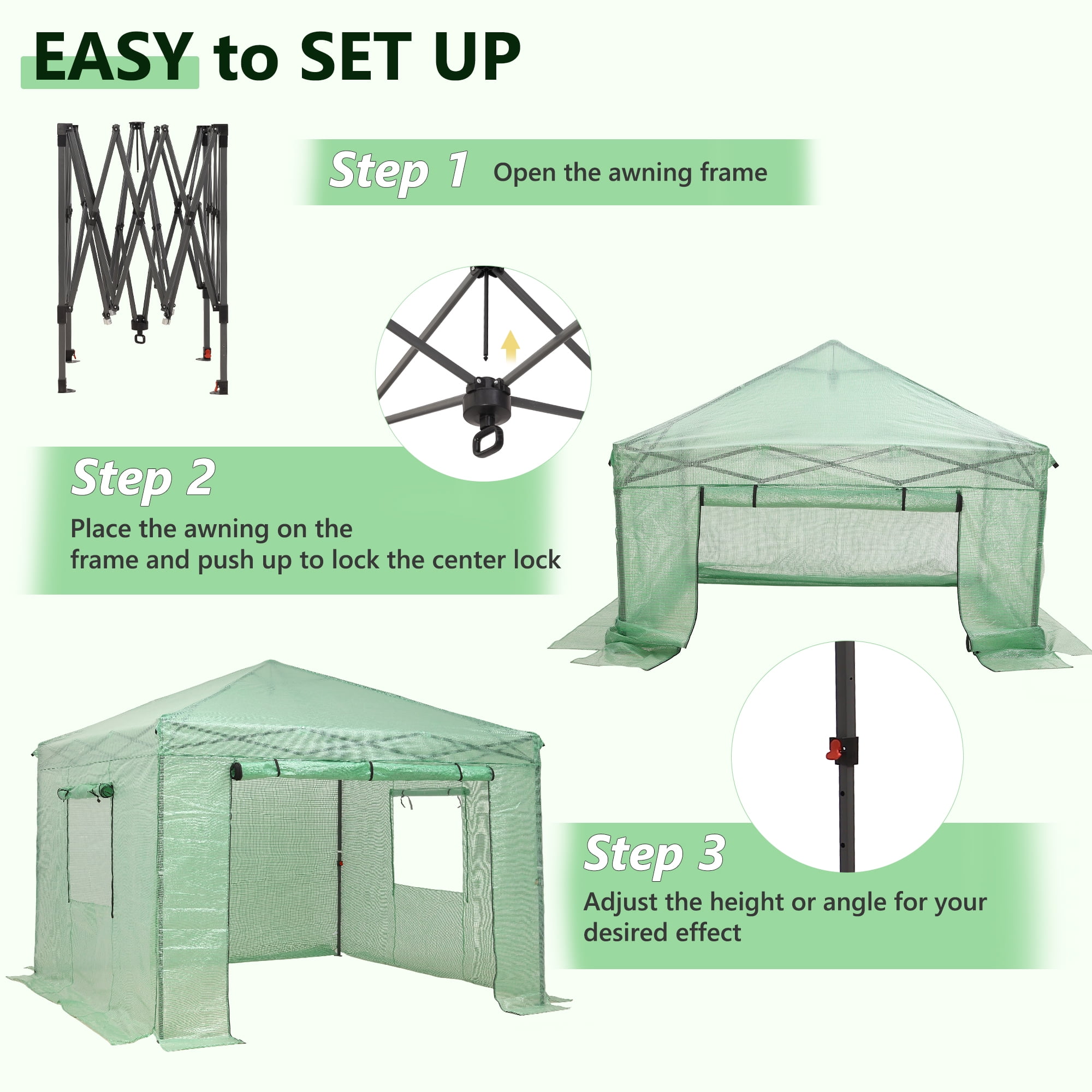 Ainfox 8x8 Ft Walk-in Greenhouse, Instant Pop Up Green House for Outdoors with Zippered Door and Roll-up Windows, PE Cover, Portable and Easy Assemble