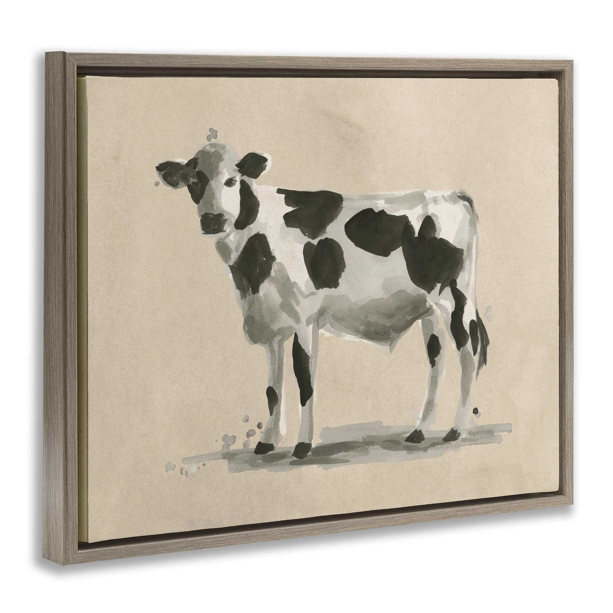 Stupell Industries Minimal Cow Painting Animals & Insects Painting Brown Floater Framed Canvas Art Print Wall Art, 21 x 17