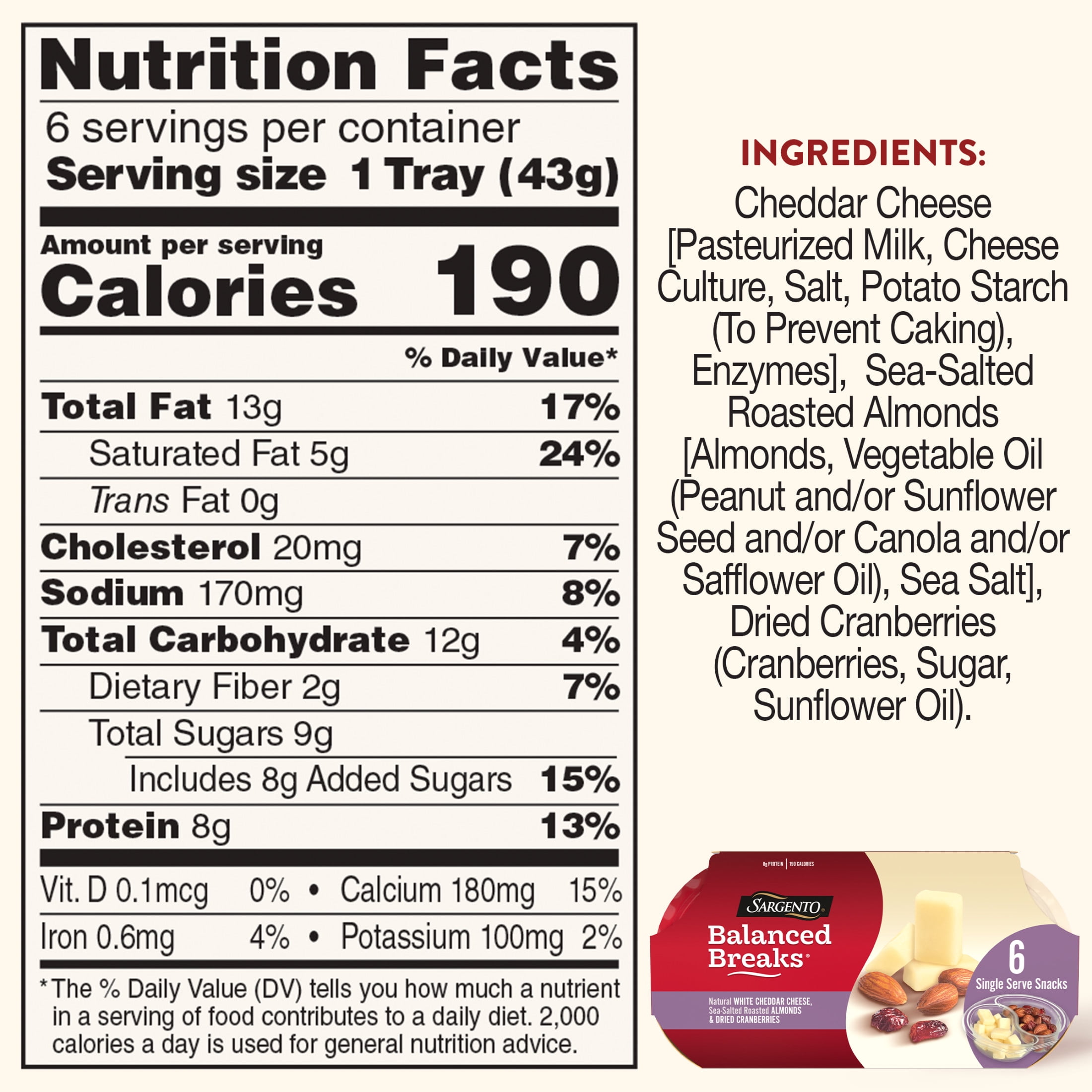 Sargento® Balanced Breaks® White Cheddar Cheese, Roasted Almonds, Dried Cranberries