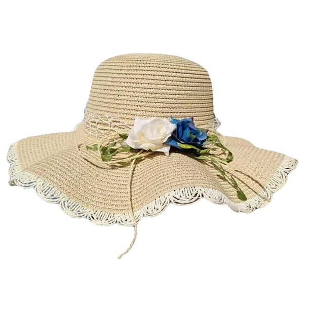 Sombreros de paja para mujer con adornos de rosas, sombrero de alero grande, sombreros de playa para mujer, verano Beige