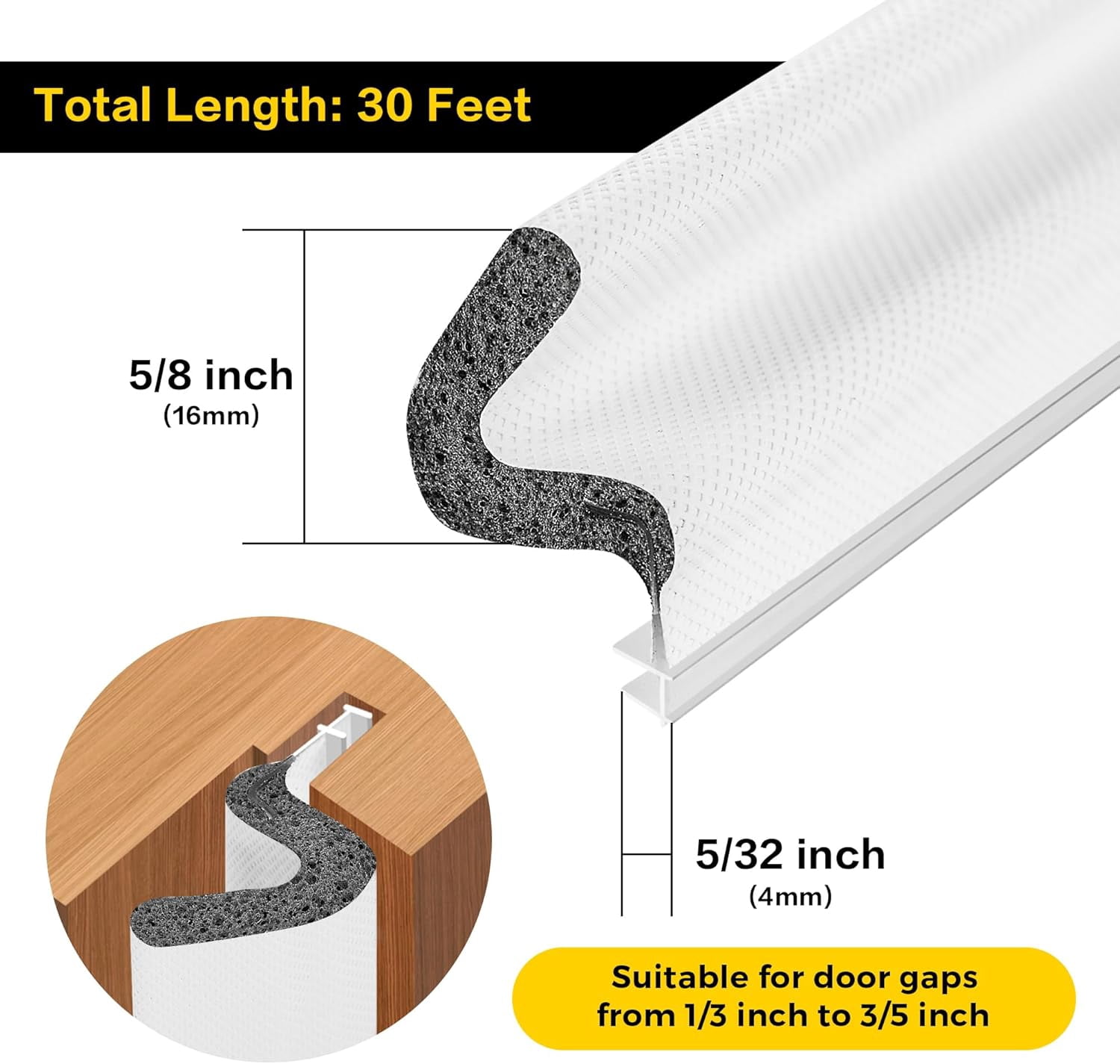 Weather Stripping Door Seal Strip Soundproof Q Foam Weather Stripping for Door Frame, Exterior Door Weather Stripping for Large Gap, Easy to Install（Black, 30FT
