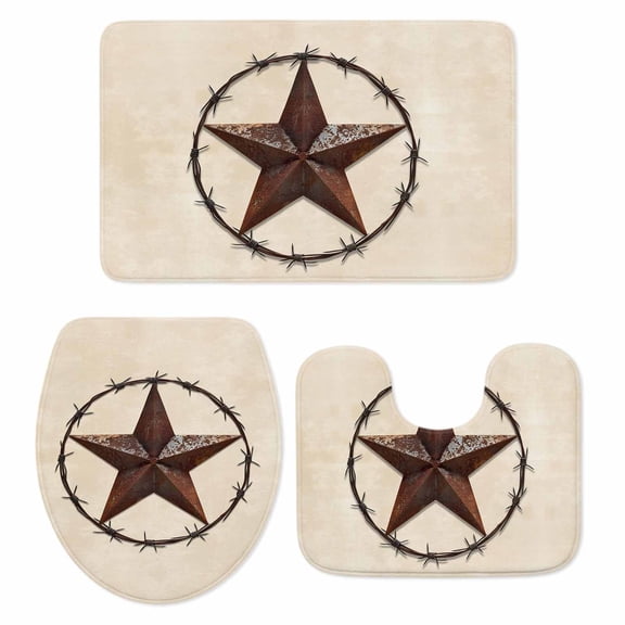 Texas Star Farmhouse Bath Mat 3 Piece Bathroom Rug Set, Western Country Stars Retro Non Slip Bath Rug Contour Mat and Toilet Lid Cover, Absorbent Shower Mats Soft Bath Rugs and Mats Sets