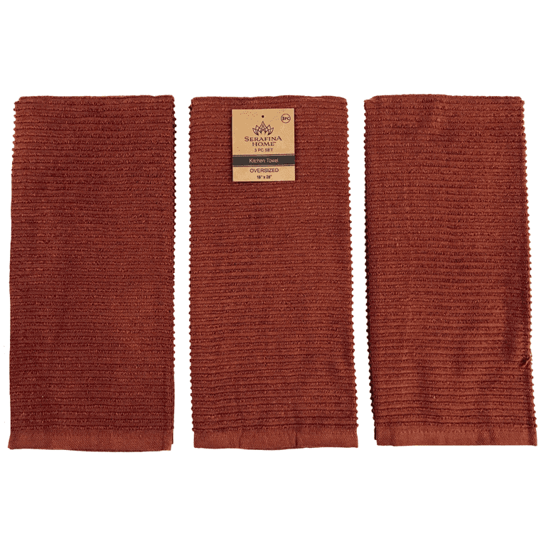 Serafina Home Oversized Solid Color Burnt Orange Rust Kitchen Towels: 100% Cotton Soft Absorbent Ribbed Terry Loop, Set of 3 Multipurpose for Everyday