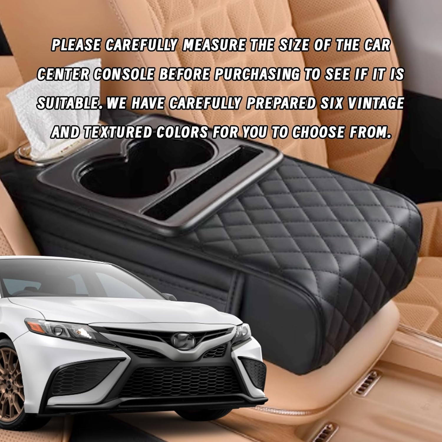 Car interior accessories armrest box with 2 Side Pockets, Cup Holder, Phone Holder, and Tissue Box, Memory Foam Center Console Organizer for Most Sedans and SUVs