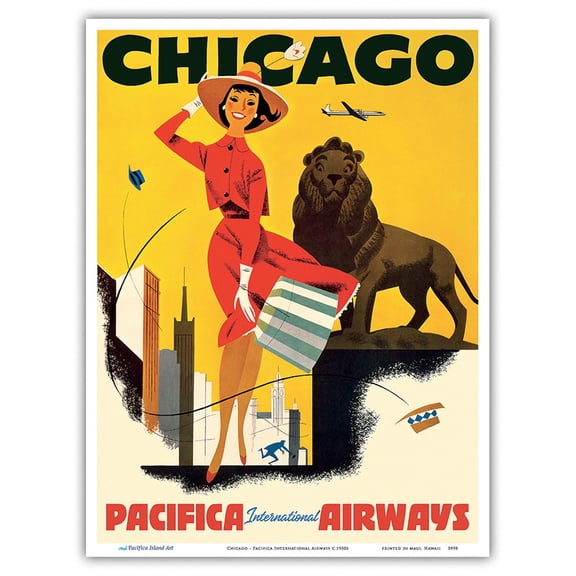 Chicago the Windy City - Pacifica International Airways - Vintage Airline Travel Poster c.1950s - Master Art Print (Unframed) 9in x 12in