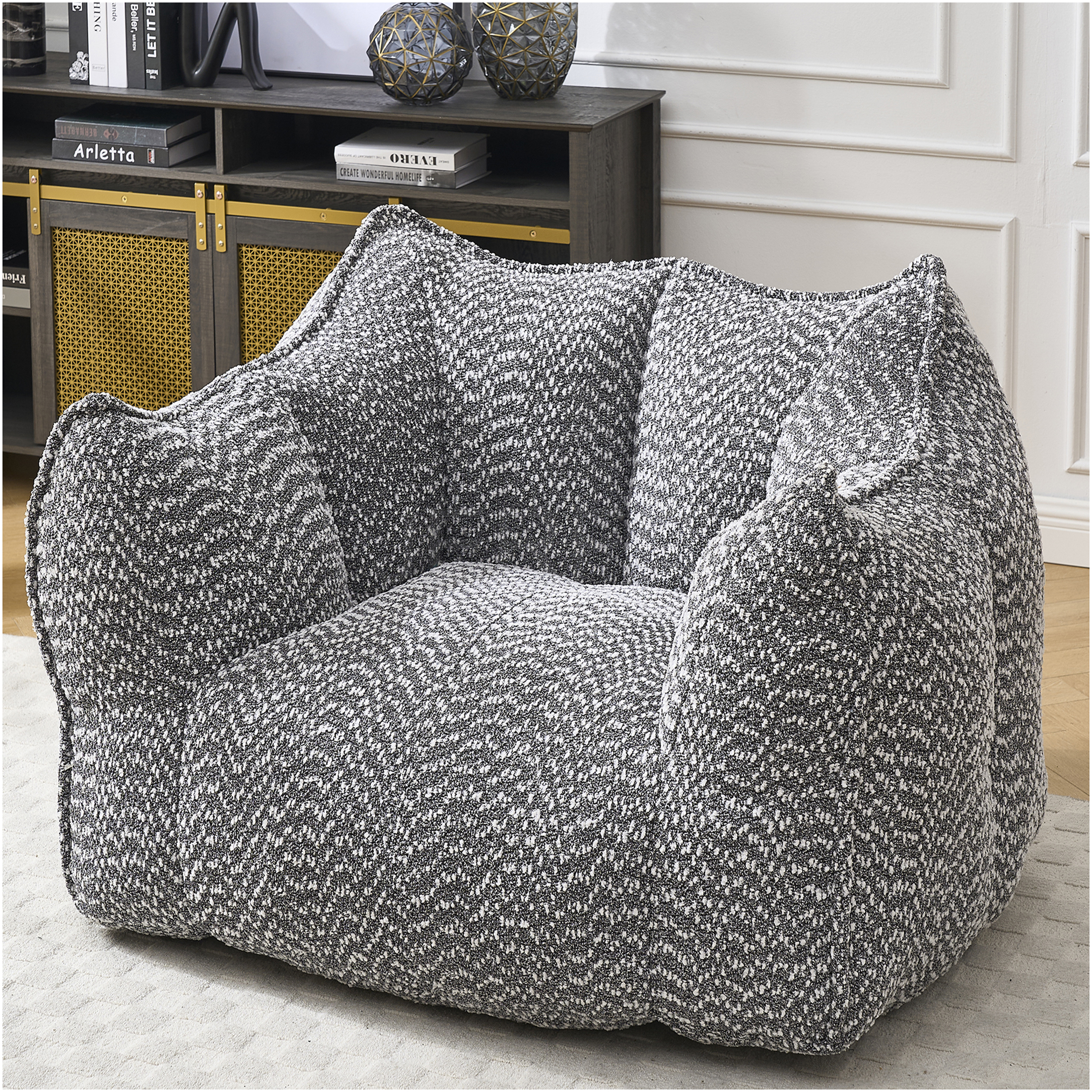 JERFIT Chenille Bean Bag Chair for Adults, Oversized Square Gaming Chair with High Resilience Foam, Comfy Armrests & Handle for Living Room, Bedroom, TV Watching, Reading - Grey