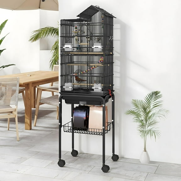 Uforic 62" Large Metal Bird cage with Rolling Stand, Slide-Out Tray,3 Perches and 4 Feeders, Black