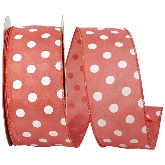 Wire Edged Satin Large Dots Coral and White Spring Ribbon 2 1/2" 50 Yards