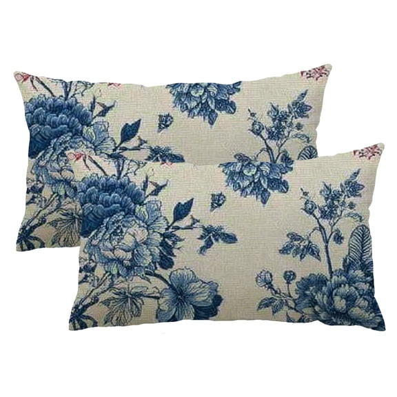 Qinduosi Chinoiserie Floral Pillow Covers 12 x 20 Inch Set of 2, Vintage Blue Flower Decorative Throw Pillow Covers Outdoor Farmhouse Decor Pillowcase for Home Sofa 12x20inch