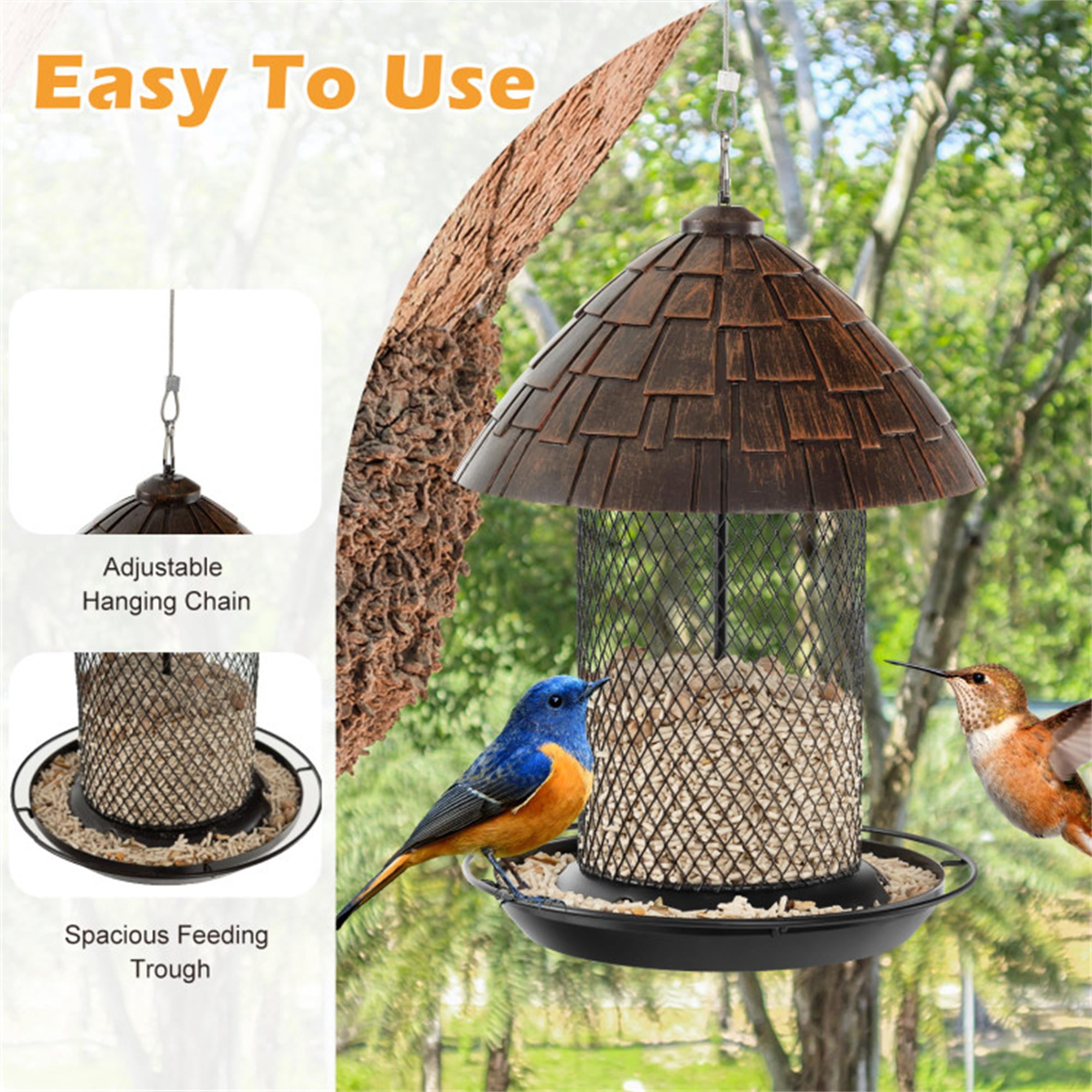 Kadyn 17" Metal Hanging Bird Feeder with Perch and Drain Holes, Squirrel-proof Wild Bird Feeder for Outdoors, Gray