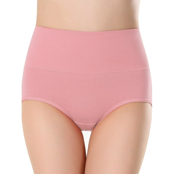【4PCS】Women Underwear High Waist Cotton Panties Girl Pregnant Ladies  Elastic Solid Color Briefs, Pink Red, XXL