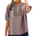 thumbnail image 2 of Women's Long Sleeve T-shirt 3/4 Sleeve Linen Shirts For Women 2025 Cotton Summer Retro Embroidered Boho Tops Casual Trendy Vacation Blouse,Brown Women's Long sleeve T-shirt M, 2 of 6
