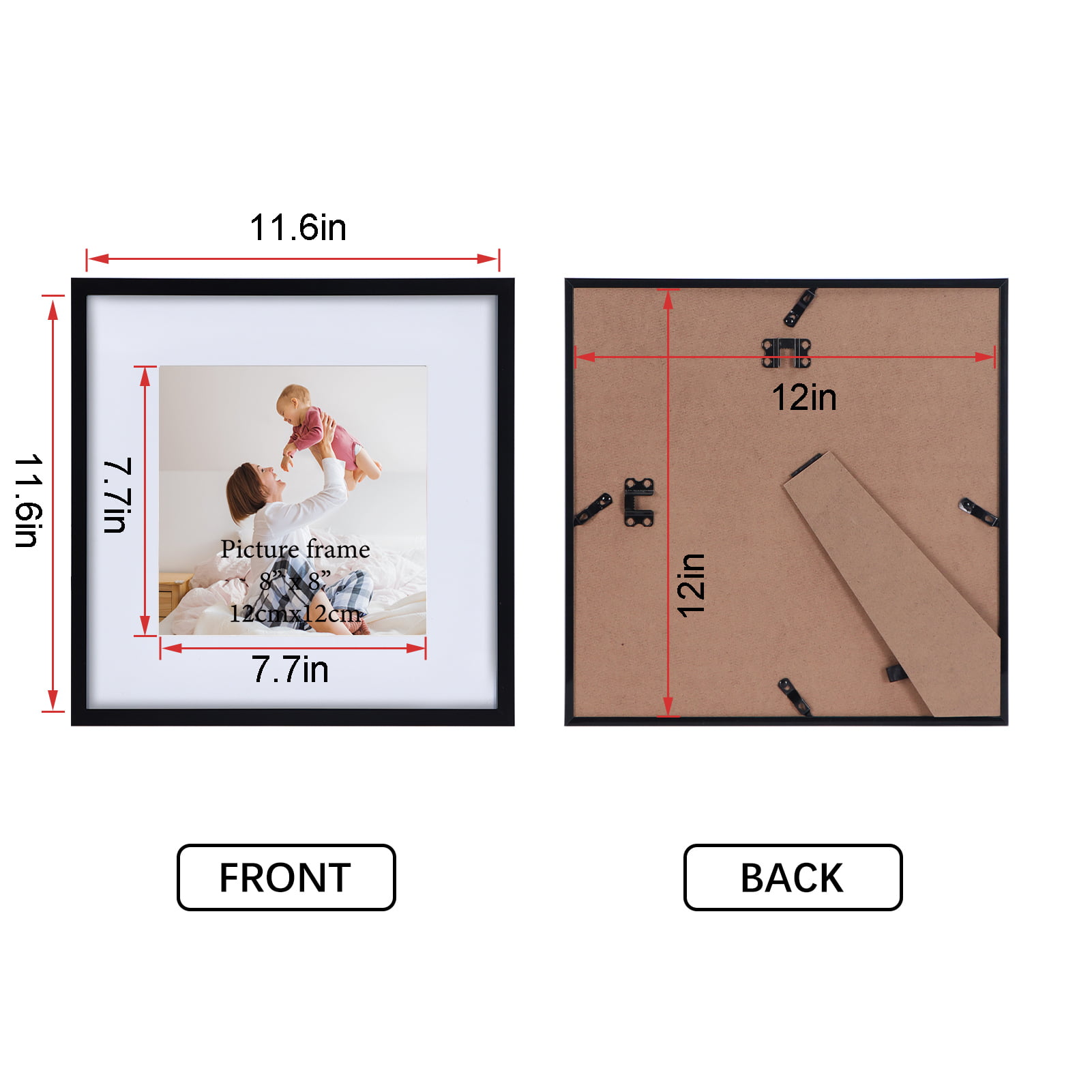  SweeHome 12x12 Picture Frame Set of 4, Made of High Definition  Glass for 8x8 with Mat or 12x12 Without Mat, Wall Mounting Photo Frame Brown