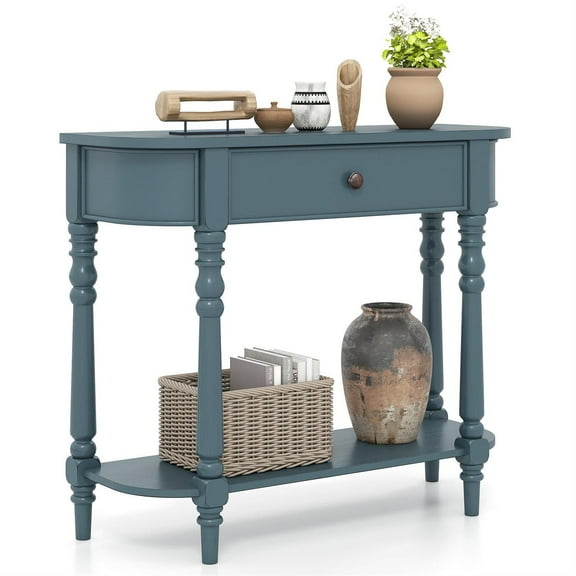 Spaco 36-Inch Retro Console Table, Narrow 2-Tier Wood Design with Storage Drawer, Blue
