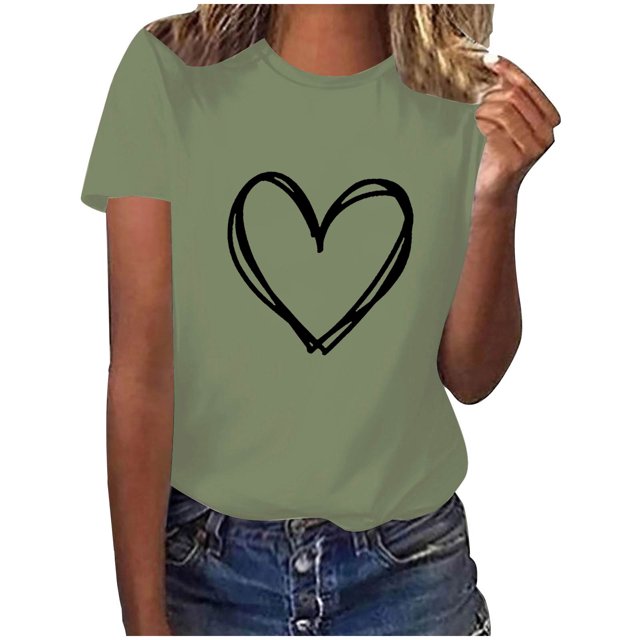 Diufon Hauts de la Saint-Valentin pour Femmes Tunique Décontractée à Manches Courtes Col Rond Chemise Tendance Mignonne Imprimée Graphique