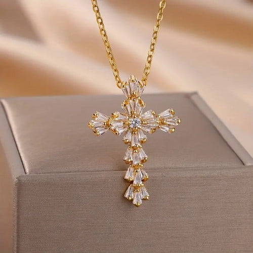 Exquisite Cubic Zirconia Flower Shape&Cross Pendant Necklace for Women 14K Yellow Gold Crystal Cross Necklaces Luxury Jewerly A038
