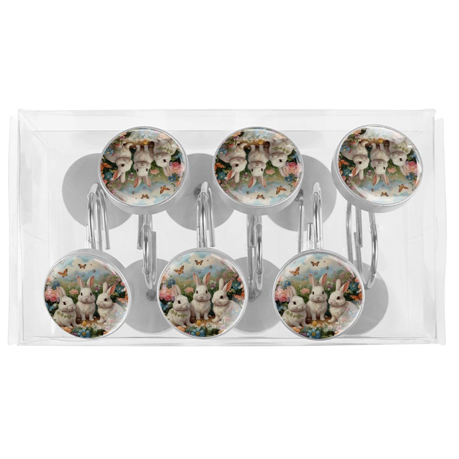 Imobaby 12 Pcs Metal Shower Curtain Hooks Rust Proof for Shower Curtain Liner - Little Rabbit Flower Cluster Gathering