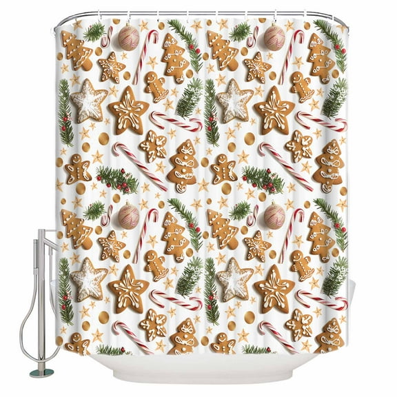 Gingerbread Man Xmas Tree Shower Curtain, 48" x 72", Pine Needle Star Candy Christmas Winter Waterproof Bathroom Curtain Washable Shower Curtain Set with 12 Hooks