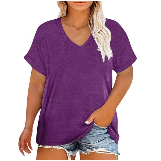 AherBiu Plus Size Womens Summer Tops V Neck Short Sleeve Loose Fitting Tops Casual Comfy Solid Color T Shirts