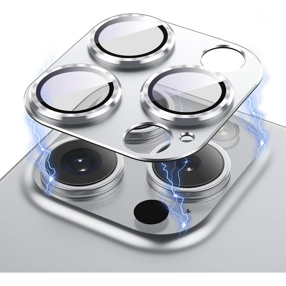 Compatible with iPhone 15 Pro Max/iPhone 15 Pro Camera Lens Protector,[Strong Adhension][Drop Protection] Aluminum Alloy Metal Tempered Glass Rear Camera Lens Cover, Silver