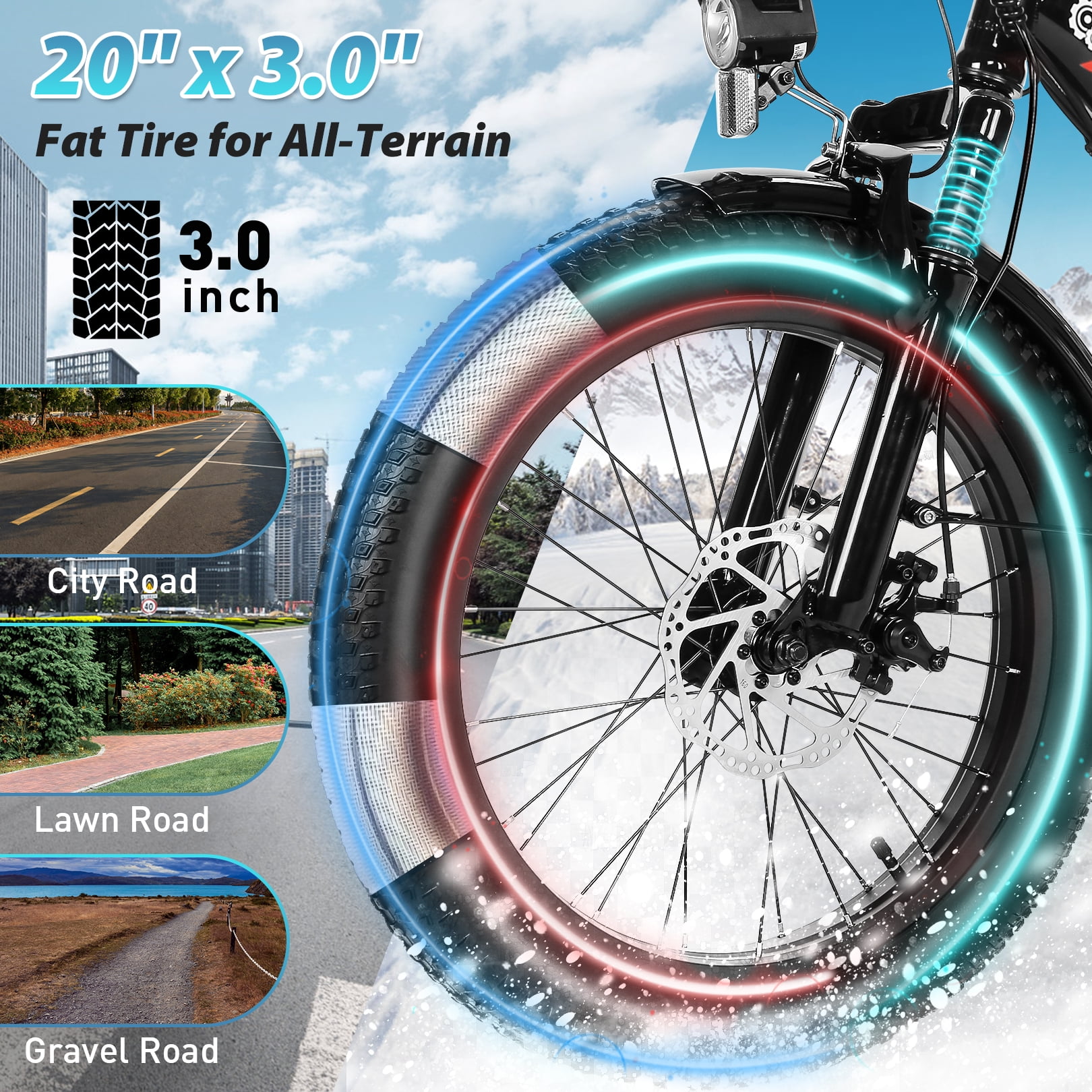 Gocio 20" Folding Electric Bike for Adults, 750W Peak Motor Fat Tire Commuter Ebike, 48V 10.4Ah Battery, 7 Speed, UL2849