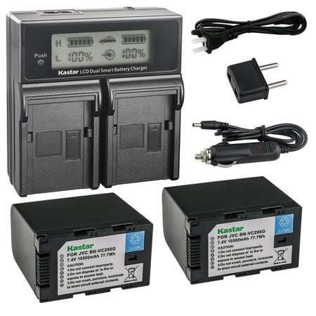 Kastar 2-Pack Battery and AC LCD Dual Fast Charger Compatible with JVC BN-VC264G BN-VC296G Battery JVC AA-VC20 AA-VC20E AA-VC20U Battery Charger JVC GY-HC500 Series Camcorder