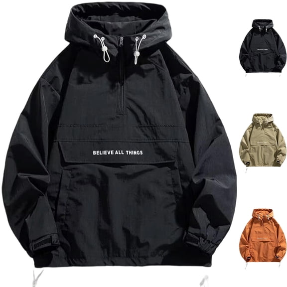 Mens Quick Dry Hooded Anorak Pullover Windproof Athletic Outdoor Active Windbreaker Jacket with Utility Pocket for Hiking Travel Fall, Black, XL