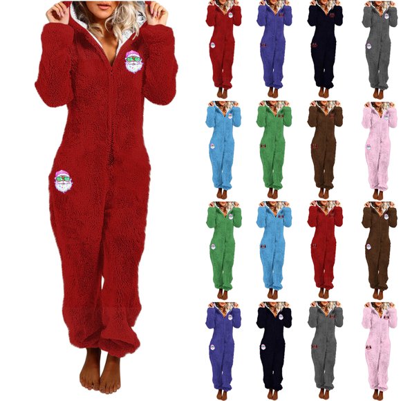 Frostluinai Christmas Fleece Onesie Pajamas for Women Sherpa Fuzzy Zipper Hooded One Piece Jumpsuit Warm Cinch Bottom Sleepwear with Pockets