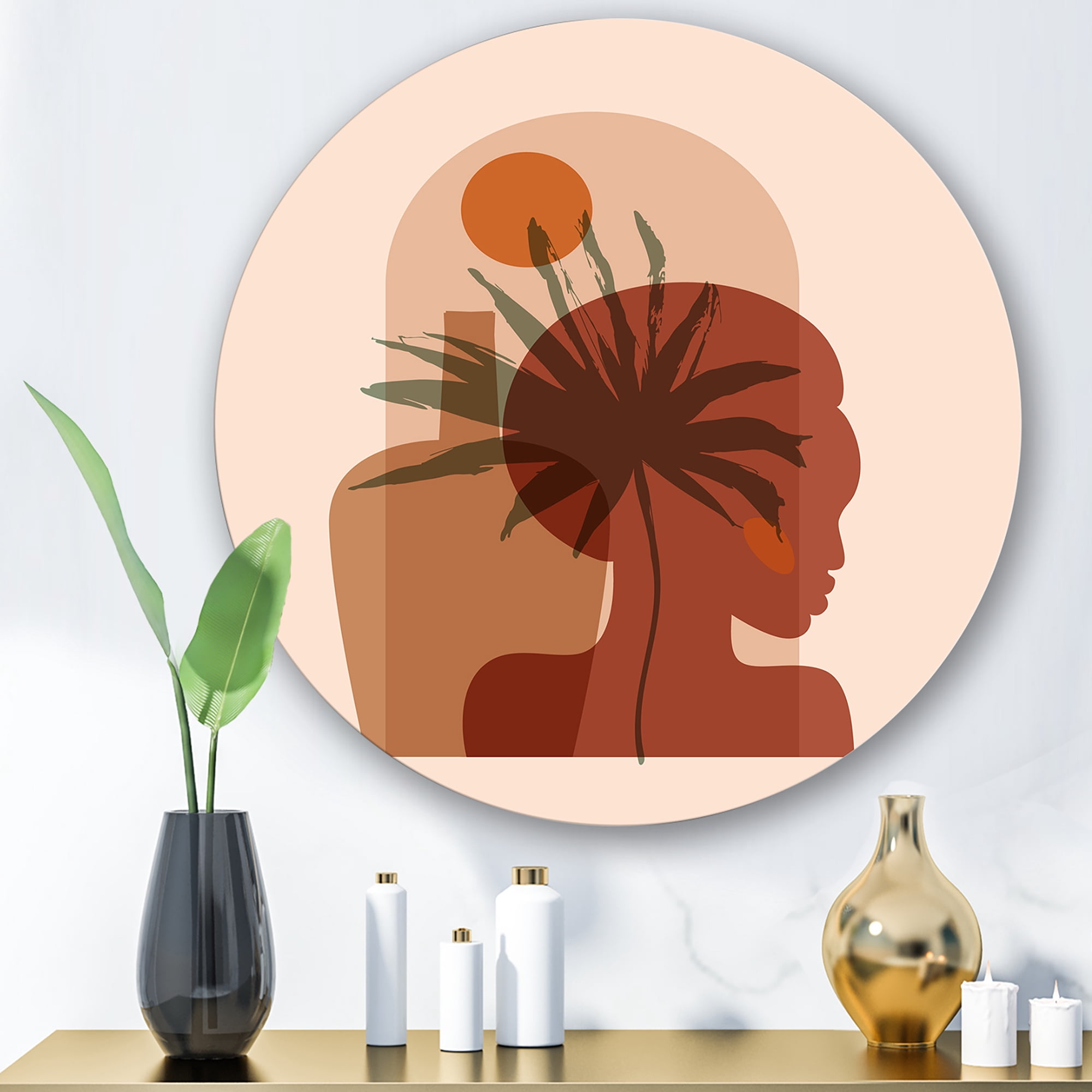 Designart 'Abstract Pretty Girl Portrait and Tropical Palm Leaf' Modern Circle Metal Wall Art 11x11 - Disc of 11