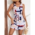 thumbnail image 5 of Women's Geometric Print Sleeveless Mini Dress with Belt for Summer Events Elegant Silhouette Easy Care Fabric 60%, 5 of 11