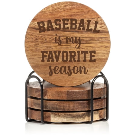 Set of 4 Drink Coasters with Holder Gift Baseball is My Favorite Season Baseball Mom (Acacia Wood)