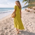 thumbnail image 6 of Women's Linen Cotton Blend Dress with Three Quarter Sleeves Pleated Solid, 6 of 9