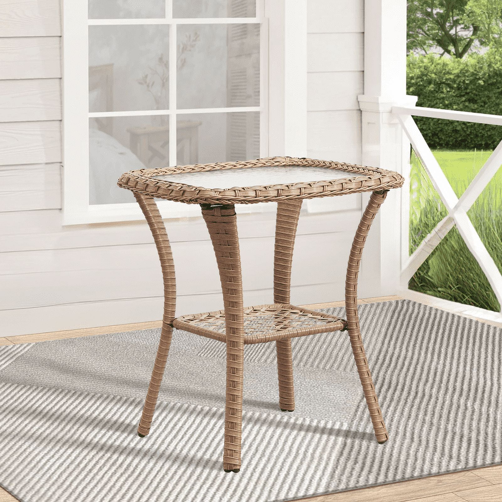 PARKWELL Outdoor Patio Side Table Square Wicker End Table with Glass Top, Yellow
