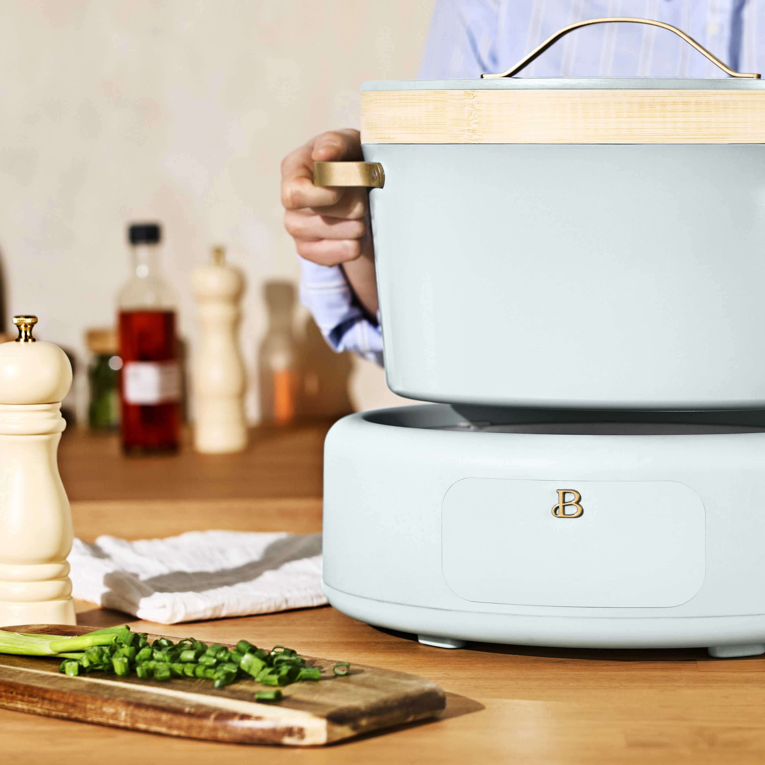 Beautiful 10-in-1, 8 Qt Multi-Cooker with Bamboo Steamer Insert and 7 Preset Functions, Hydrangea by Drew Barrymore