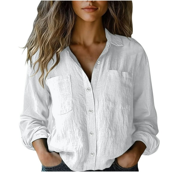 Puntoco Summer tops for women Clearance,Women's solid color long sleeved shirt, able button up shirt, women's long sleeved lapel top White 10(XL)