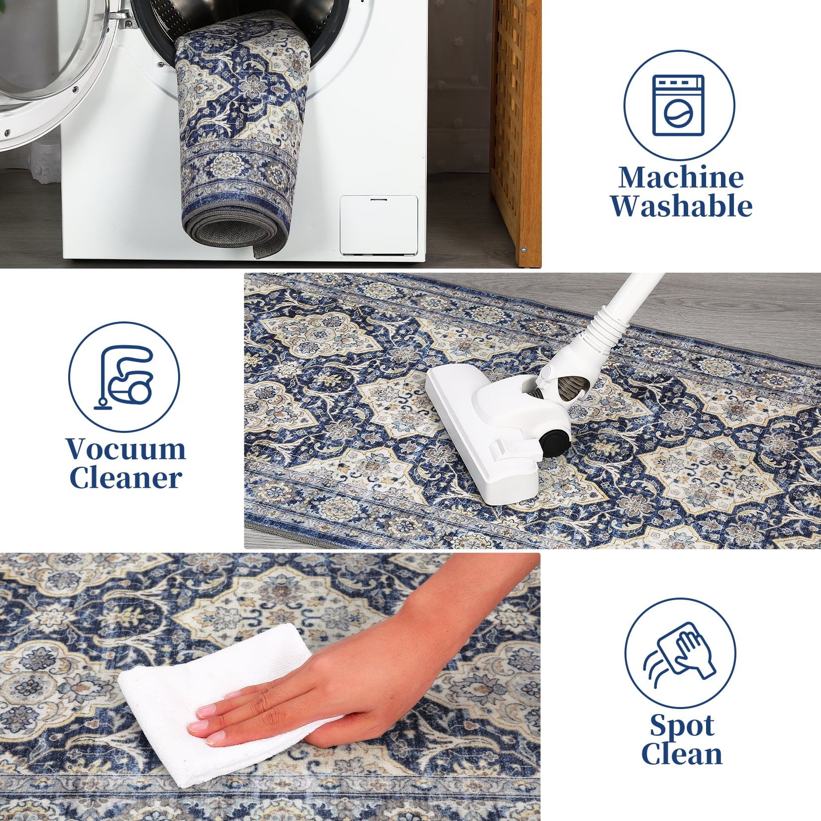 GlowSol 2' x 6' Kitchen Runner Rug Boho Vintage Floral Rugs Non Slip Bedroom Rugs for Laundry Room Hallway, Navy Blue