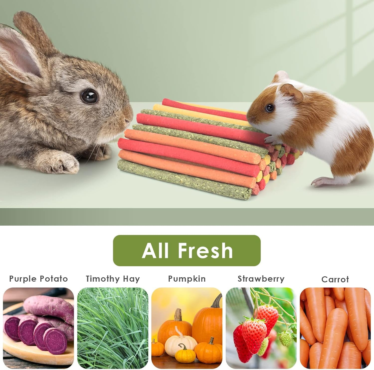 40Pcs Rabbit Timothy Hay Sticks, Five Flavors：PurplePotato/TimothyHay/Pumpkin/Strawberry/Carrot，Suitable Guinea Pig, Hamste, Gerbil, Chinchilla Treats, Chew Toys for Teeth for Bunnies