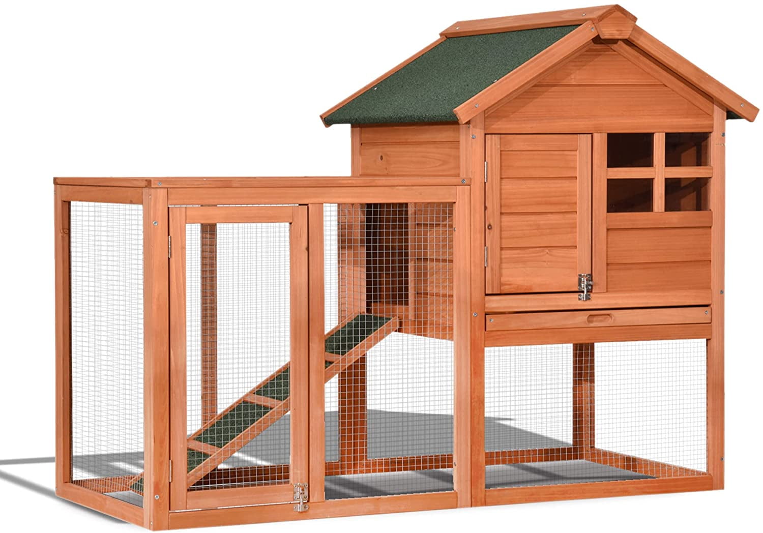 Multi-Level Wood Pet House Nesting Box Outdoor Pens and Hutches for Small Animals Cat Dog Chicken Coop Bunny Cage Poultry Pet Cage with Ladder and Outdoor Run Wooden Rabbit Cage Hutch 
