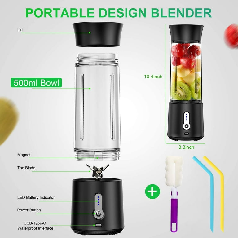 Mini Blender Personal Portable Blender Small Smoothies Blender, Tanbaby  500ml Portable Juicer Cup for Smoothies Shakes with 4000mAh Tpye-C  Rechargeable, for Traveling, Outdoor, Gym, Office (Blue) 