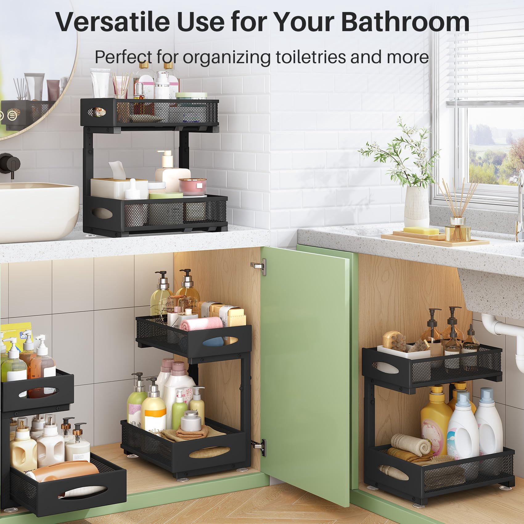 Under Sink Organizer  2 Tier Pull Out Cabinet Baskets With Sliding Drawers Slide Storage Shelf For Home Kitchen Bathroom Pantry Office Countertop(1 Pack)