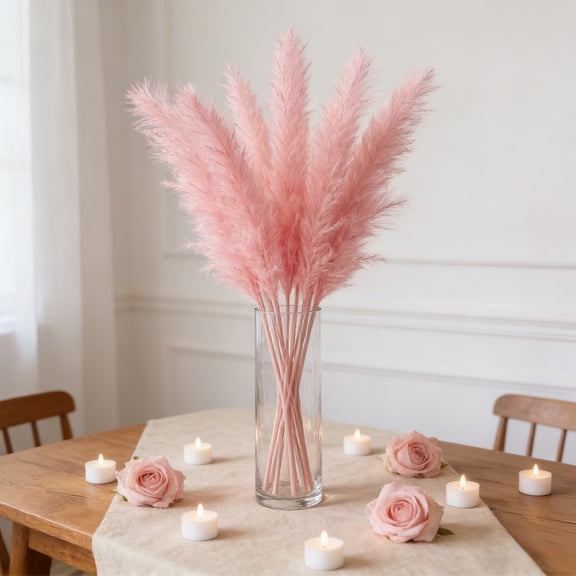 8PC Dried Pampas Grass Decoration with Vase, Boho Wedding Home Table Decor, Pink White Silk Floral Stems, for Village Farm Parties Spring Centerpiece, Faux Feather Grass Arrangement