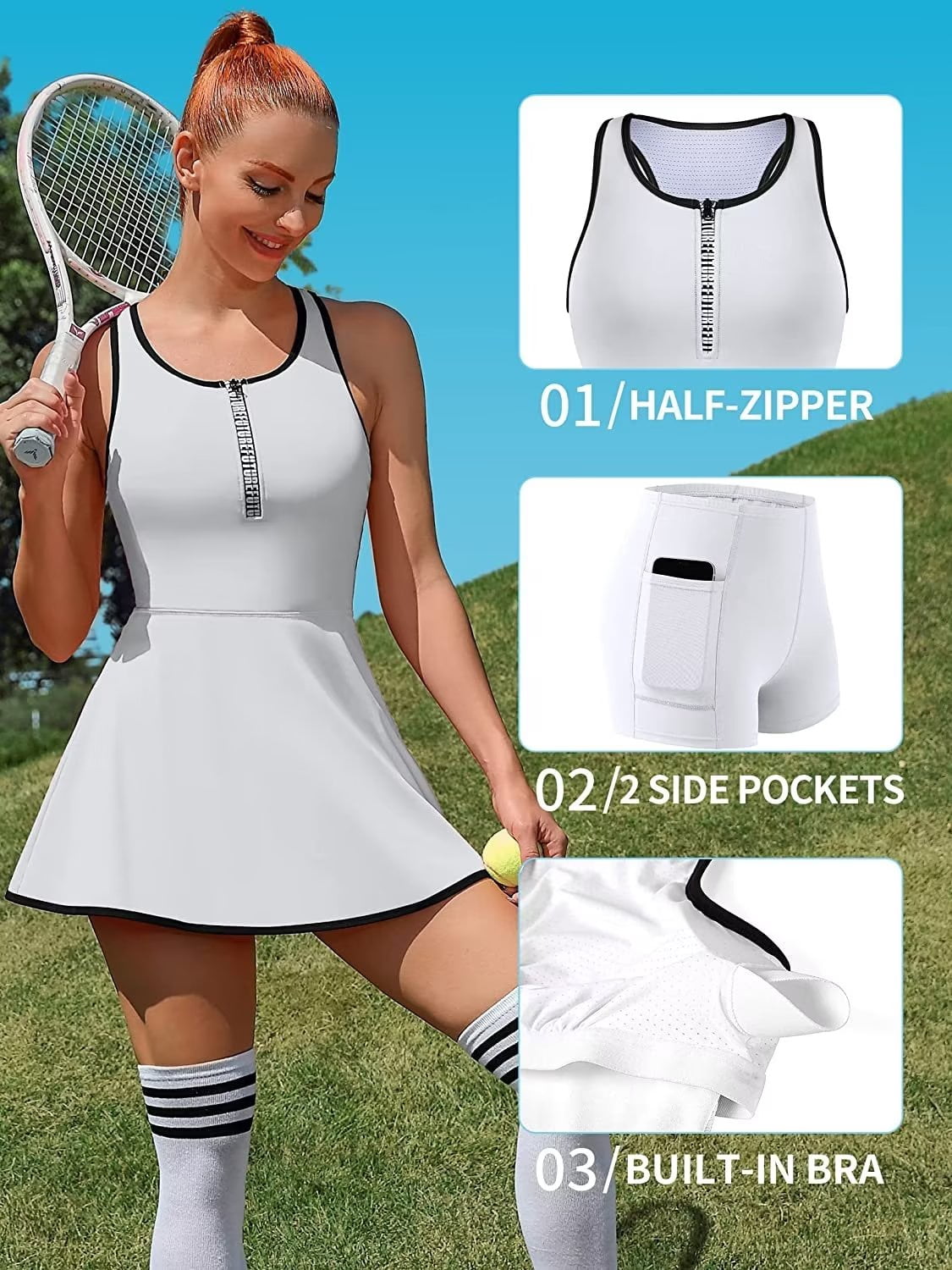 Women Tennis Dress Zipper Workout Dresses Built-in Bra Athletic Skirts with Shorts and Pockets
