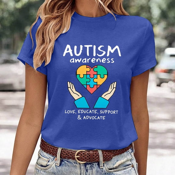 Bibifish Womens Tee Tops Autism Awareness Print Soft Breathable Regular Fit Crewneck Short-Sleeve Tee Tops Summer Daily Commute Chic Wear