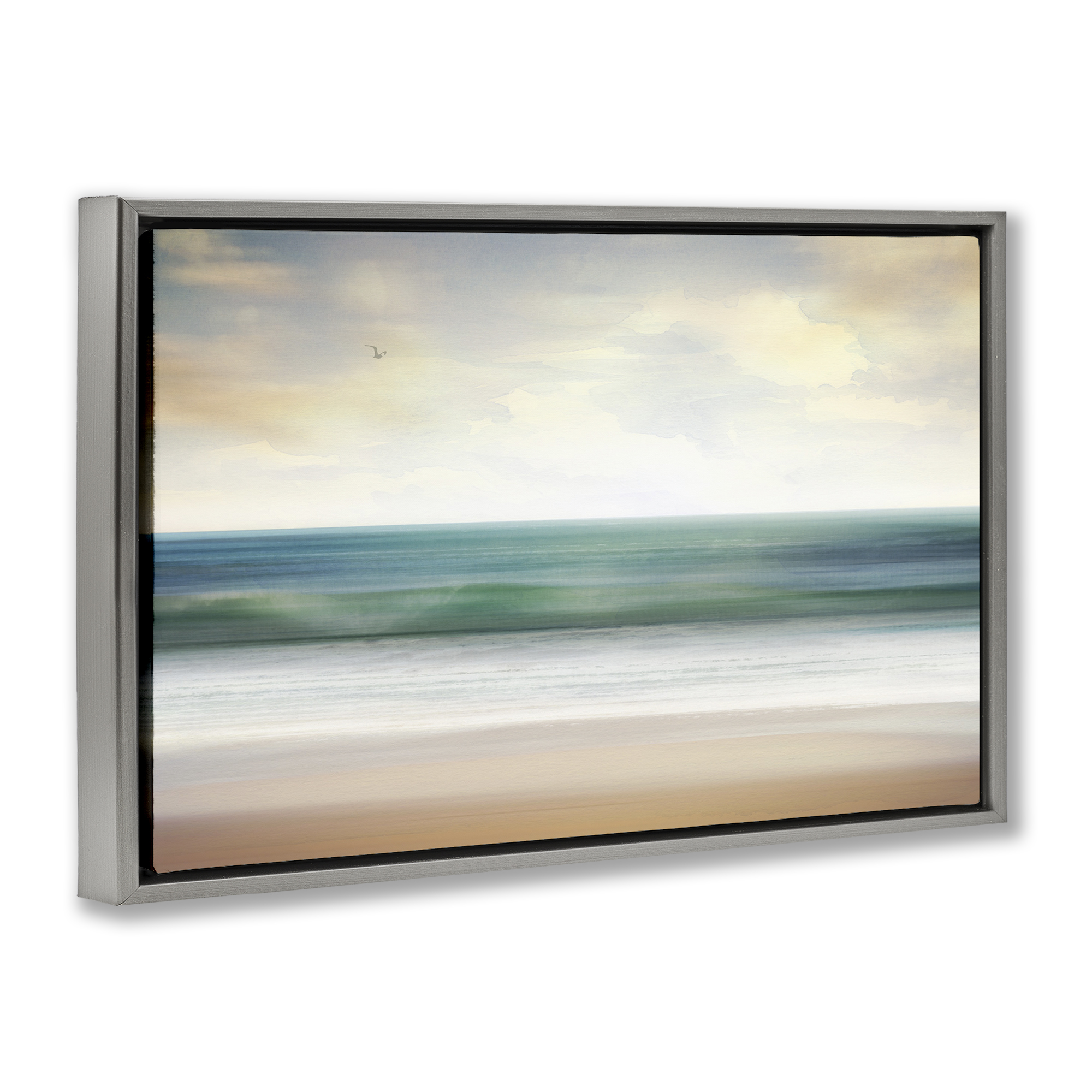 Stupell Industries Lone Seagull Over Beach Landscape Painting Gray Floater Framed Canvas Art Print Wall Art, 31 x 21