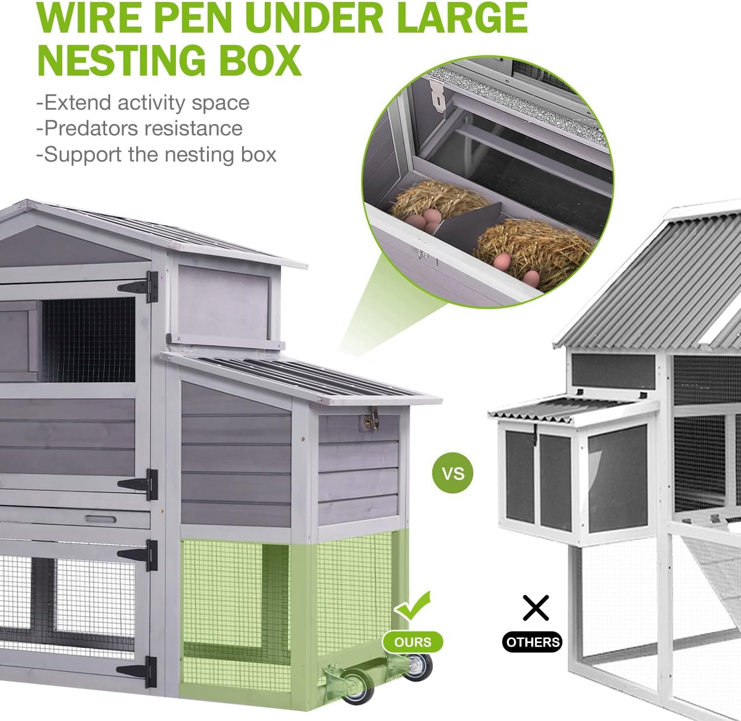 MEDEHOO Chicken Coop 80in Mobile Chicken House with Run Portable Wooden Poultry Cage with Nesting Box Rabbit Hutch on Wheels,Movable