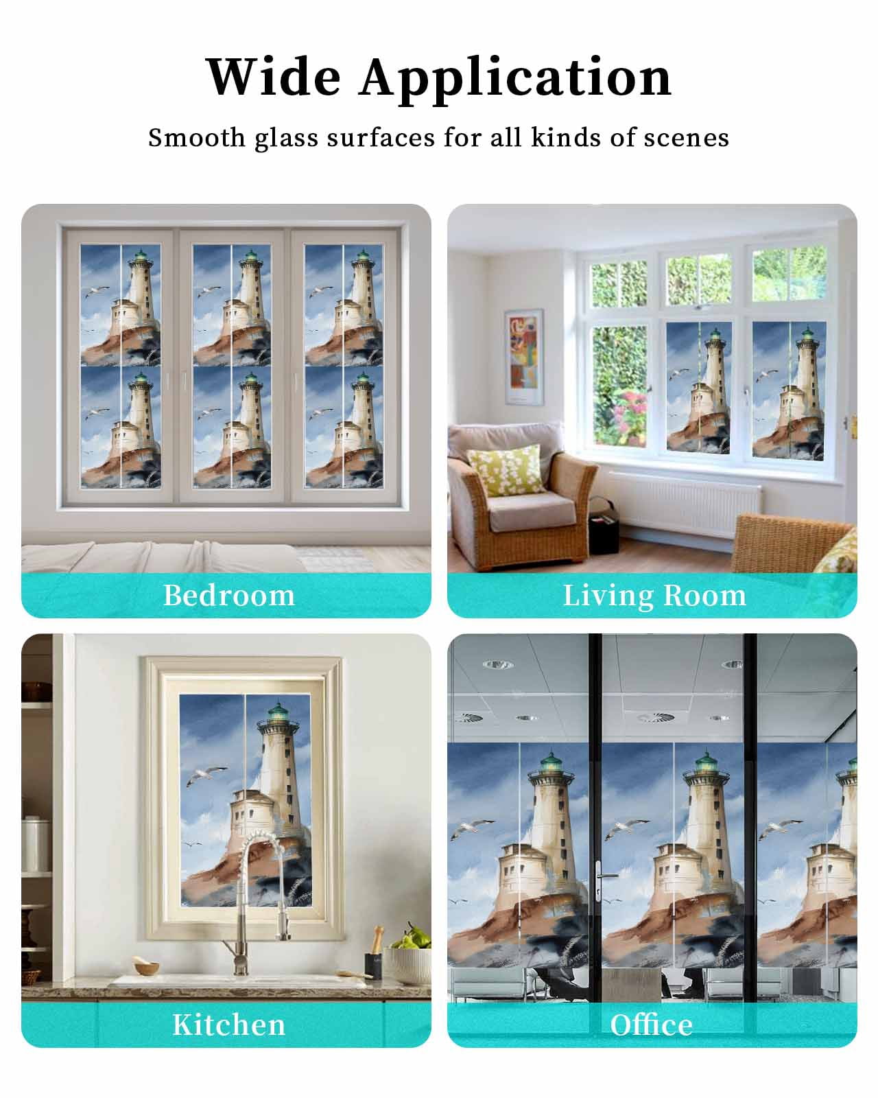 Window Privacy Film Beach Lighthouse Stained Glass Window Film Decorative Sun Block Window Cover Coastal Ocean Sky Birds Oil Painting Window Clings Static Adhesive Sticker for Bathroom 29.5"x118"