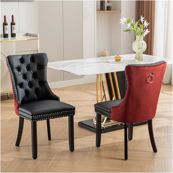 JERFIT Modern Dining Chairs Set of 2, Upholstered PU Leather and Velvet Accent Chairs with Nailhead Trim, Solid Wood Legs for Kitchen Dining Room