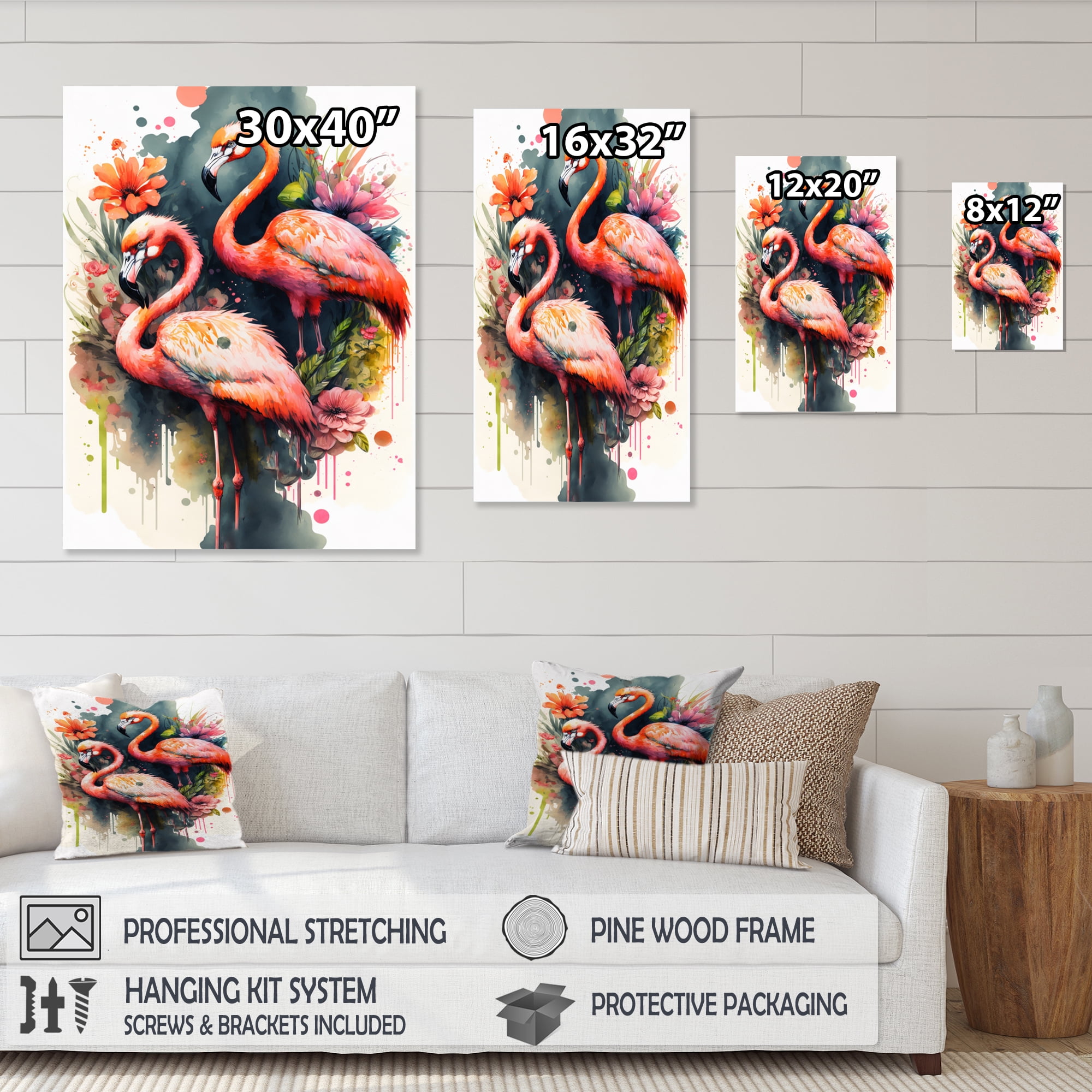 Designart Cute Flamingos Floral Art II Canvas Wall Art