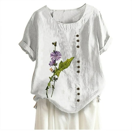 

Pntutb Womens Summer Casual Round Neck Short Sleeve Flower Print Loose Shirt Tops
